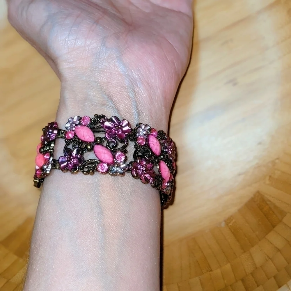 Vintage Pink Metal Floral Hinged Bracelet